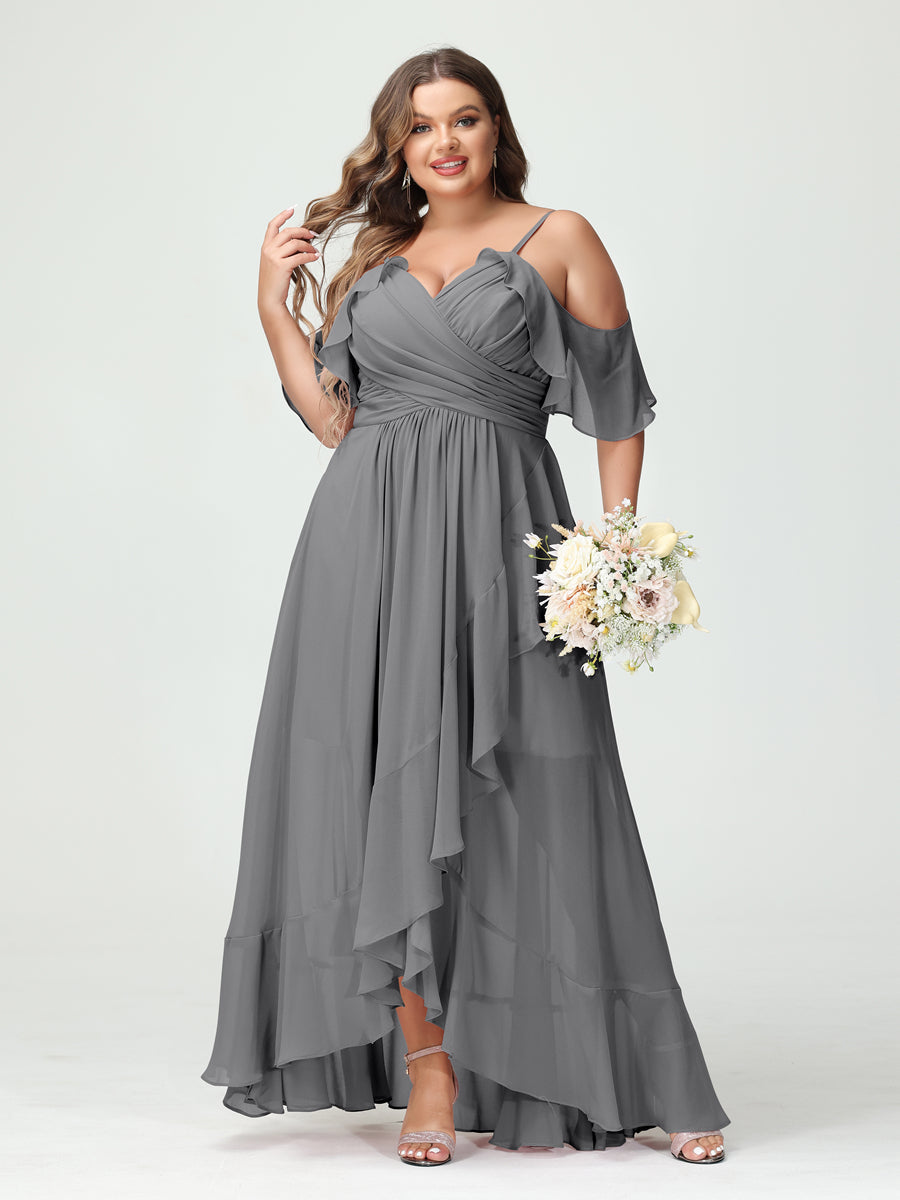 A-Line/Princess Spaghetti Straps V-Neck Short Sleeves Chiffon Ruffles Asymmetrical Plus Size Bridesmaid Dresses Gray