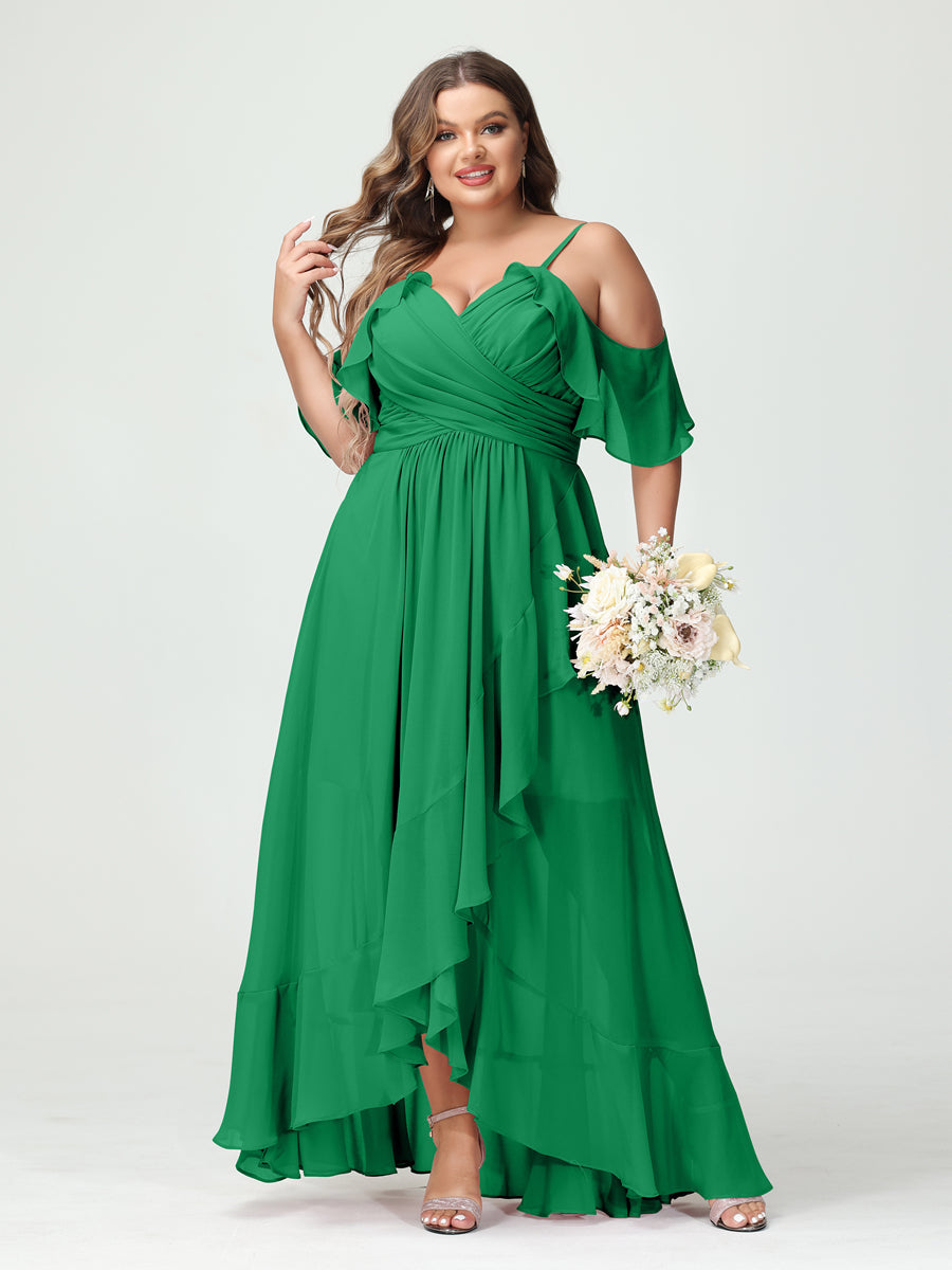 A-Line/Princess Spaghetti Straps V-Neck Short Sleeves Chiffon Ruffles Asymmetrical Plus Size Bridesmaid Dresses Green