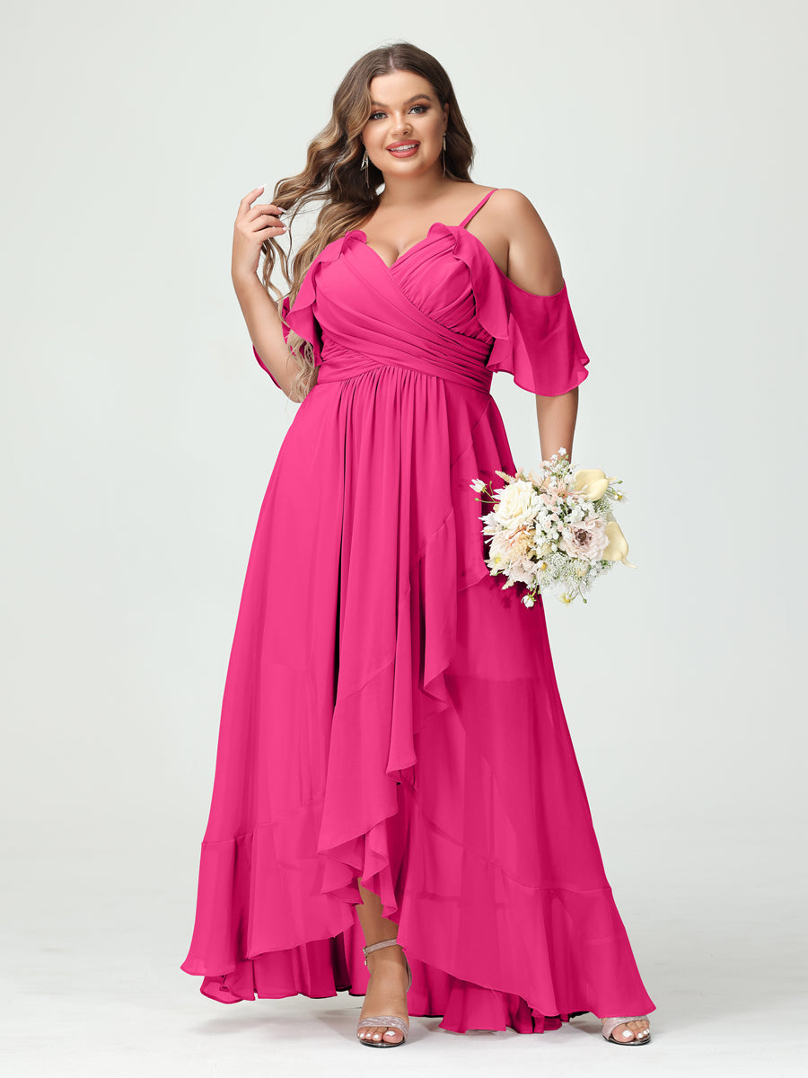 A-Line/Princess Spaghetti Straps V-Neck Short Sleeves Chiffon Ruffles Asymmetrical Plus Size Bridesmaid Dresses Hot Pink