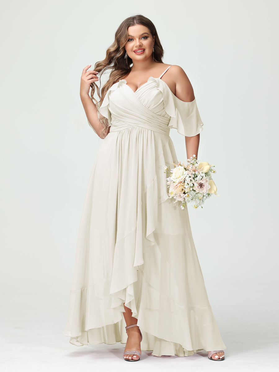 A-Line/Princess Spaghetti Straps V-Neck Short Sleeves Chiffon Ruffles Asymmetrical Plus Size Bridesmaid Dresses Ivory