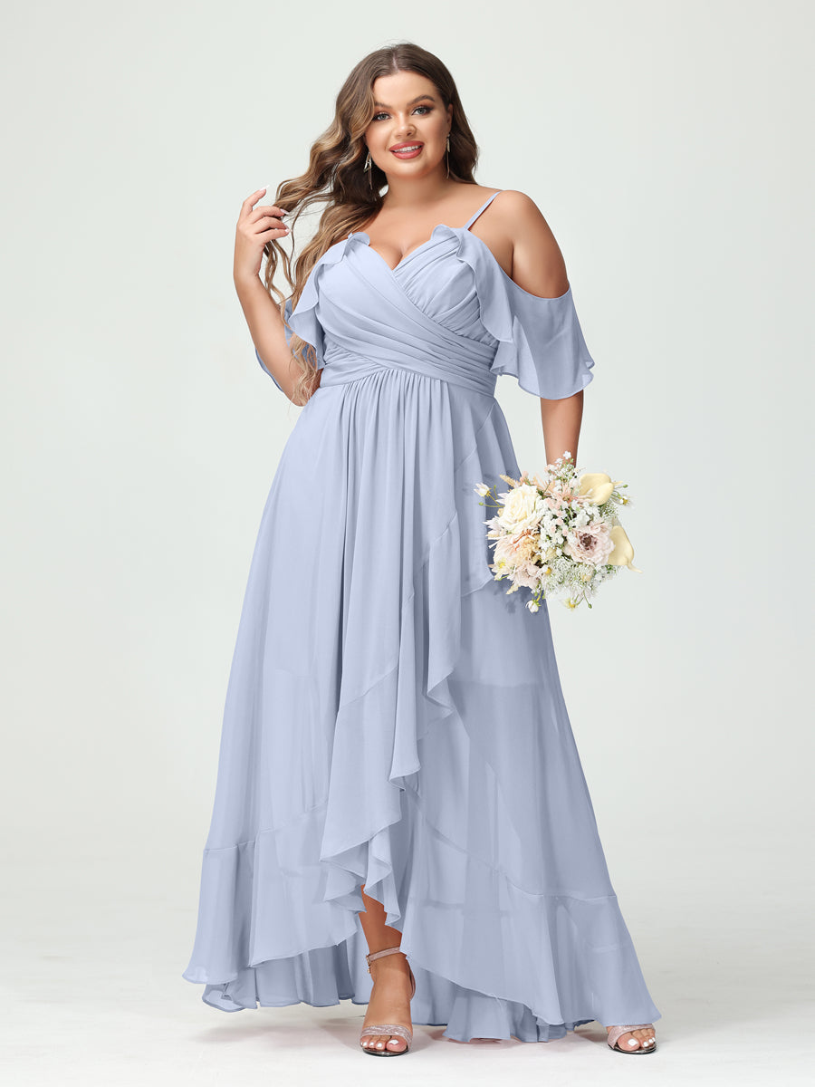 A-Line/Princess Spaghetti Straps V-Neck Short Sleeves Chiffon Ruffles Asymmetrical Plus Size Bridesmaid Dresses Lavender