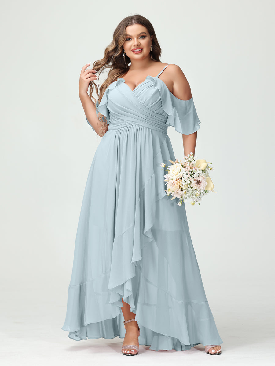 A-Line/Princess Spaghetti Straps V-Neck Short Sleeves Chiffon Ruffles Asymmetrical Plus Size Bridesmaid Dresses Light Blue