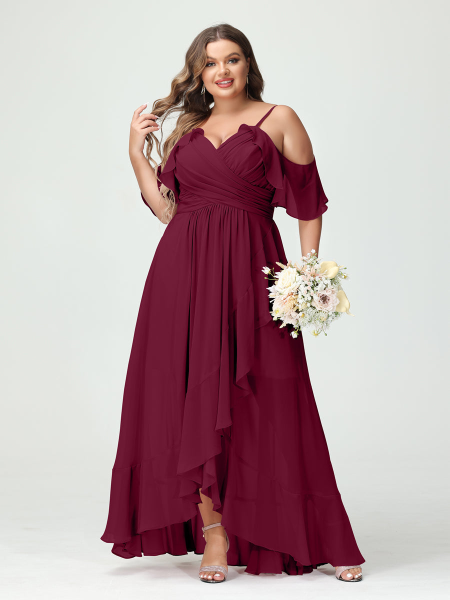 A-Line/Princess Spaghetti Straps V-Neck Short Sleeves Chiffon Ruffles Asymmetrical Plus Size Bridesmaid Dresses Light Burgundy