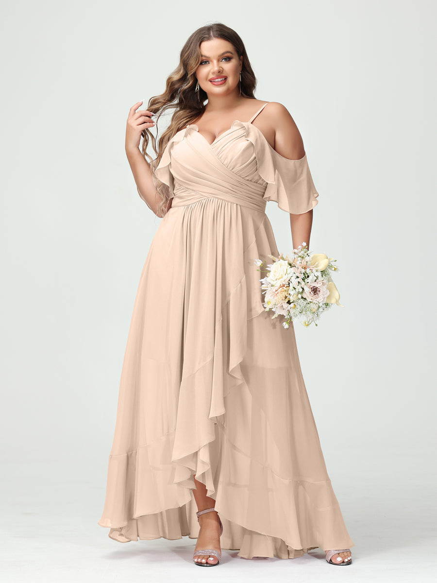 A-Line/Princess Spaghetti Straps V-Neck Short Sleeves Chiffon Ruffles Asymmetrical Plus Size Bridesmaid Dresses Light Champagne