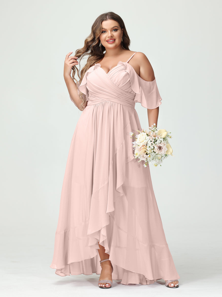 A-Line/Princess Spaghetti Straps V-Neck Short Sleeves Chiffon Ruffles Asymmetrical Plus Size Bridesmaid Dresses Light Pink