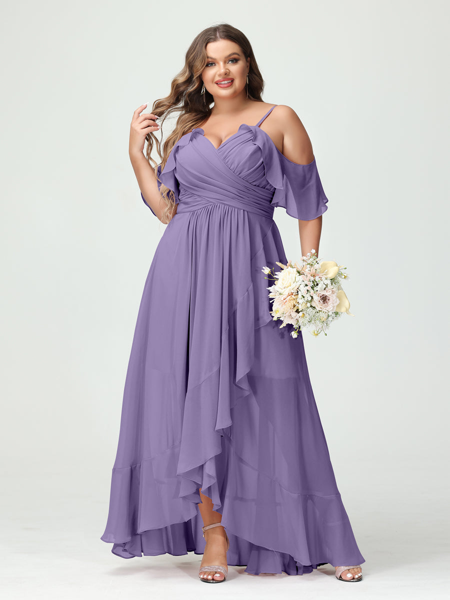 A-Line/Princess Spaghetti Straps V-Neck Short Sleeves Chiffon Ruffles Asymmetrical Plus Size Bridesmaid Dresses Light Purple