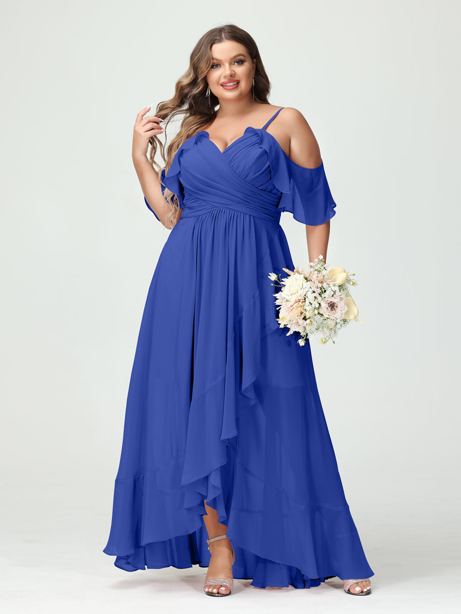 A-Line/Princess Spaghetti Straps V-Neck Short Sleeves Chiffon Ruffles Asymmetrical Plus Size Bridesmaid Dresses Light Royal Blue