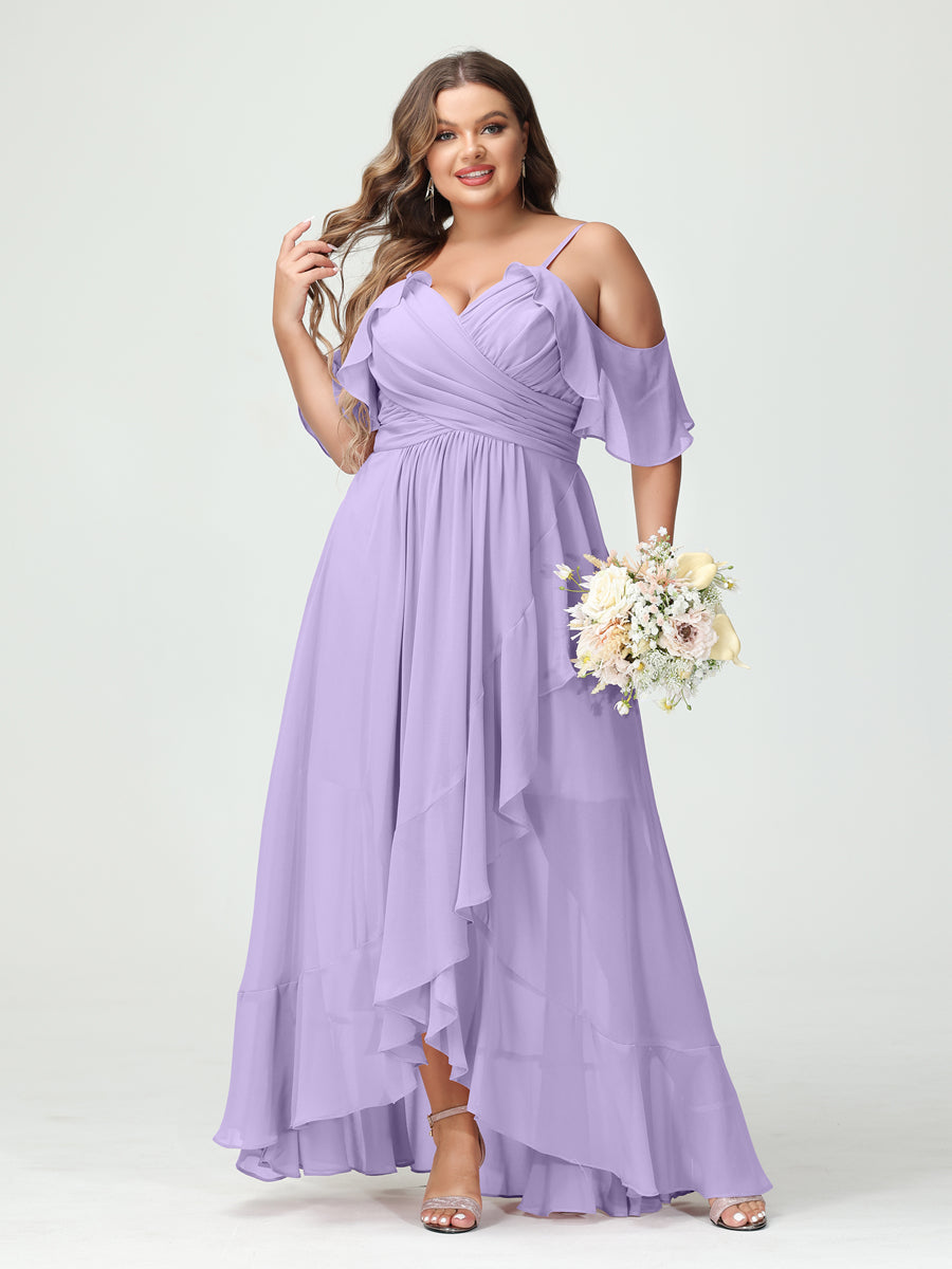 A-Line/Princess Spaghetti Straps V-Neck Short Sleeves Chiffon Ruffles Asymmetrical Plus Size Bridesmaid Dresses Lilac