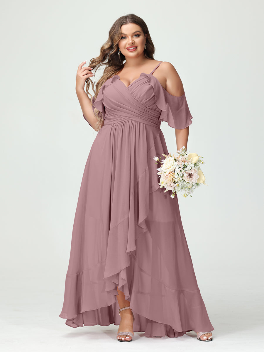 A-Line/Princess Spaghetti Straps V-Neck Short Sleeves Chiffon Ruffles Asymmetrical Plus Size Bridesmaid Dresses Mauve