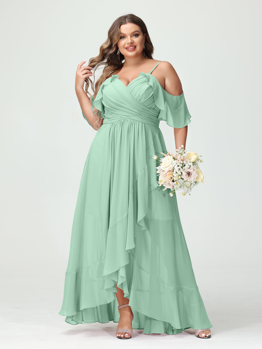 A-Line/Princess Spaghetti Straps V-Neck Short Sleeves Chiffon Ruffles Asymmetrical Plus Size Bridesmaid Dresses Mint Green