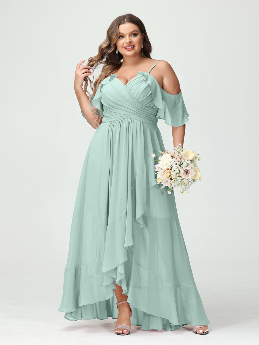A-Line/Princess Spaghetti Straps V-Neck Short Sleeves Chiffon Ruffles Asymmetrical Plus Size Bridesmaid Dresses Mist Blue