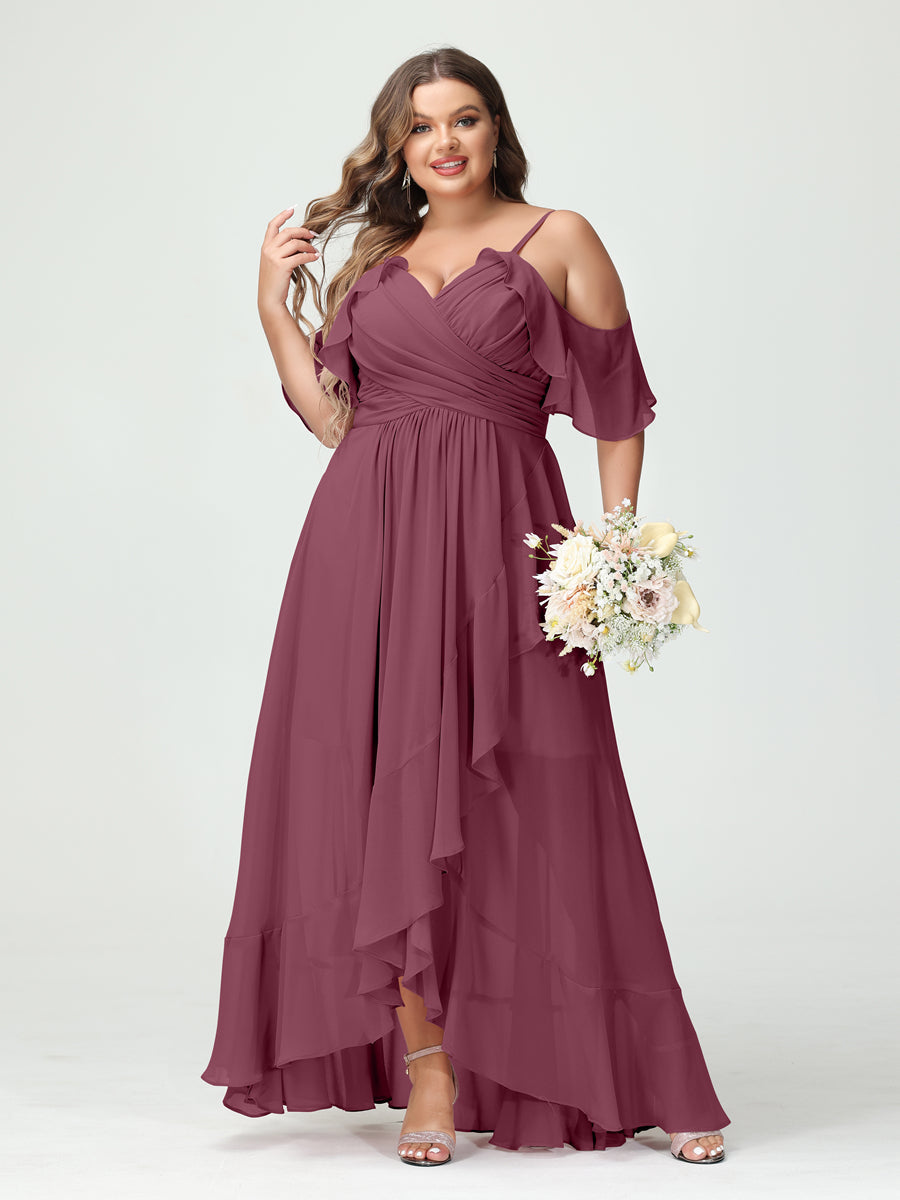 A-Line/Princess Spaghetti Straps V-Neck Short Sleeves Chiffon Ruffles Asymmetrical Plus Size Bridesmaid Dresses Mulberry