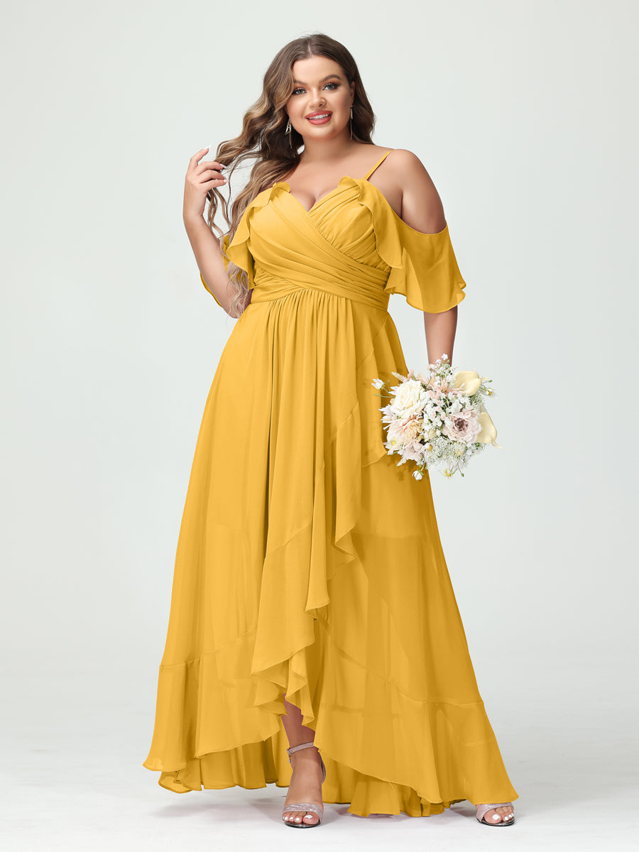 A-Line/Princess Spaghetti Straps V-Neck Short Sleeves Chiffon Ruffles Asymmetrical Plus Size Bridesmaid Dresses Mustard Yellow