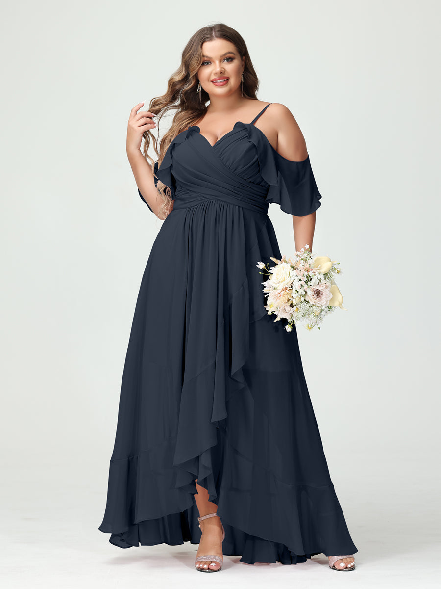 A-Line/Princess Spaghetti Straps V-Neck Short Sleeves Chiffon Ruffles Asymmetrical Plus Size Bridesmaid Dresses Navy Blue