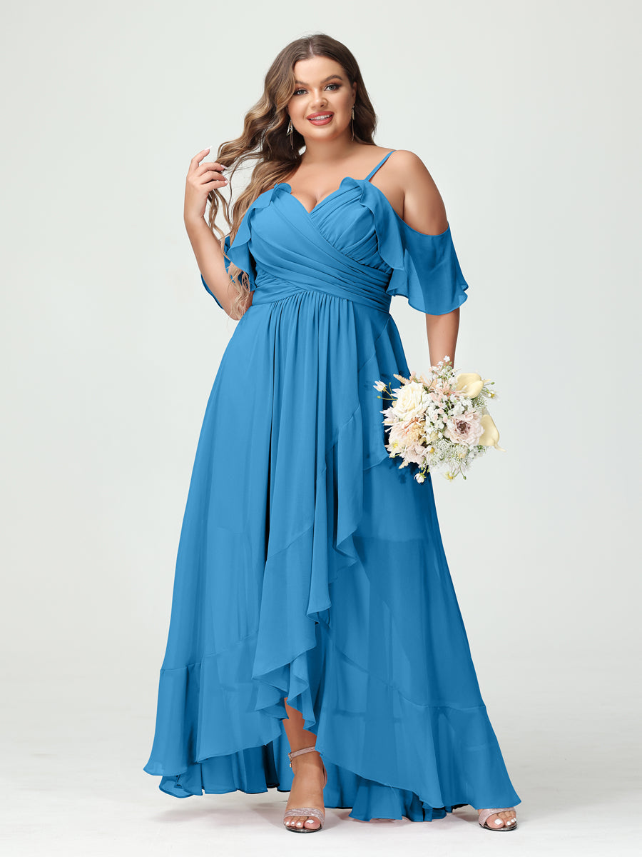 A-Line/Princess Spaghetti Straps V-Neck Short Sleeves Chiffon Ruffles Asymmetrical Plus Size Bridesmaid Dresses Ocean Blue