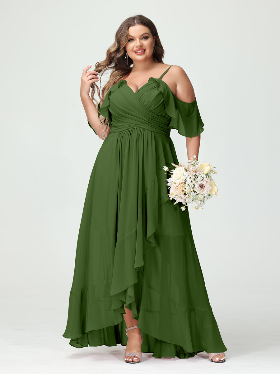 A-Line/Princess Spaghetti Straps V-Neck Short Sleeves Chiffon Ruffles Asymmetrical Plus Size Bridesmaid Dresses Olive Green