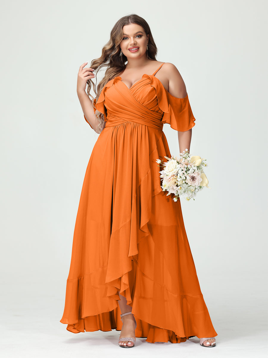 A-Line/Princess Spaghetti Straps V-Neck Short Sleeves Chiffon Ruffles Asymmetrical Plus Size Bridesmaid Dresses Orange
