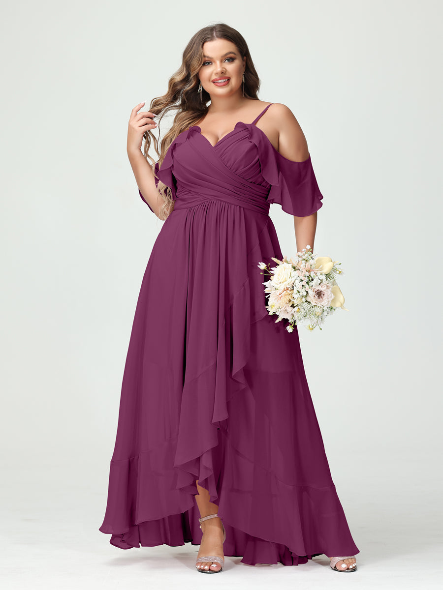 A-Line/Princess Spaghetti Straps V-Neck Short Sleeves Chiffon Ruffles Asymmetrical Plus Size Bridesmaid Dresses Orchid