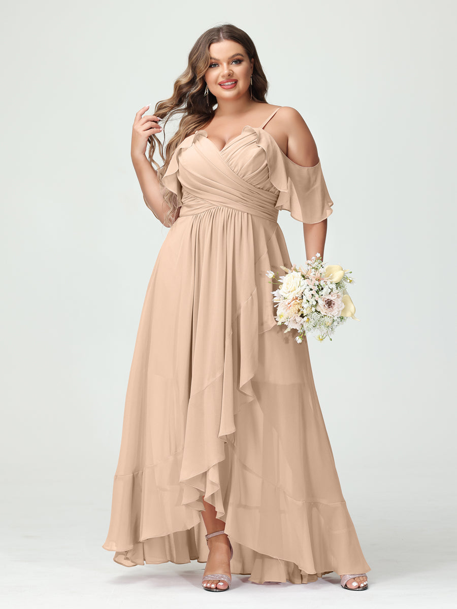 A-Line/Princess Spaghetti Straps V-Neck Short Sleeves Chiffon Ruffles Asymmetrical Plus Size Bridesmaid Dresses Peach Pink