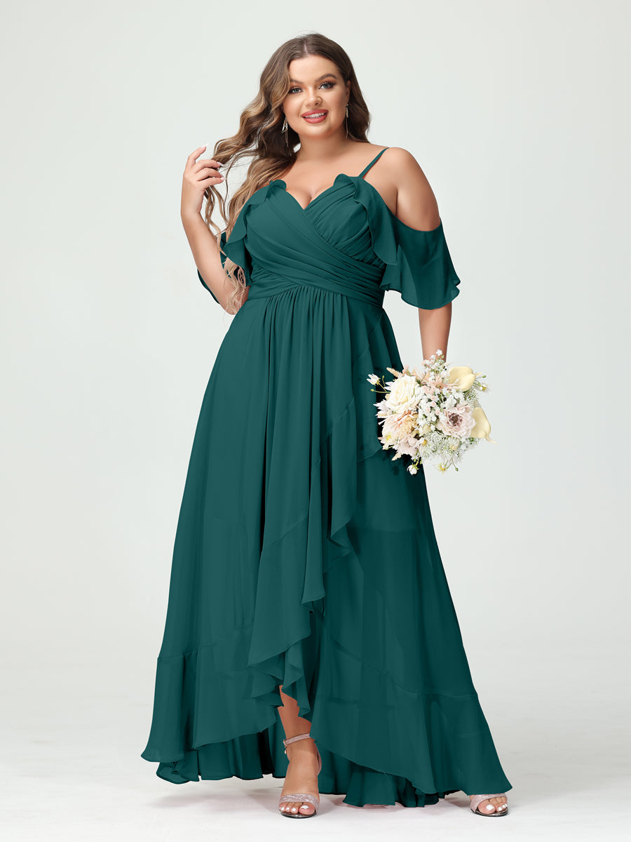 A-Line/Princess Spaghetti Straps V-Neck Short Sleeves Chiffon Ruffles Asymmetrical Plus Size Bridesmaid Dresses Peacock
