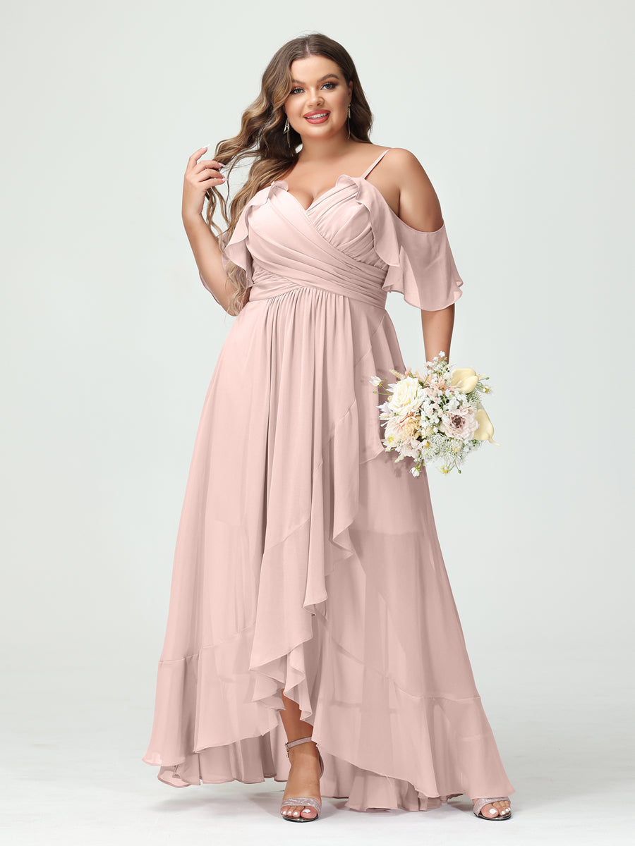 A-Line/Princess Spaghetti Straps V-Neck Short Sleeves Chiffon Ruffles Asymmetrical Plus Size Bridesmaid Dresses Pearl Pink
