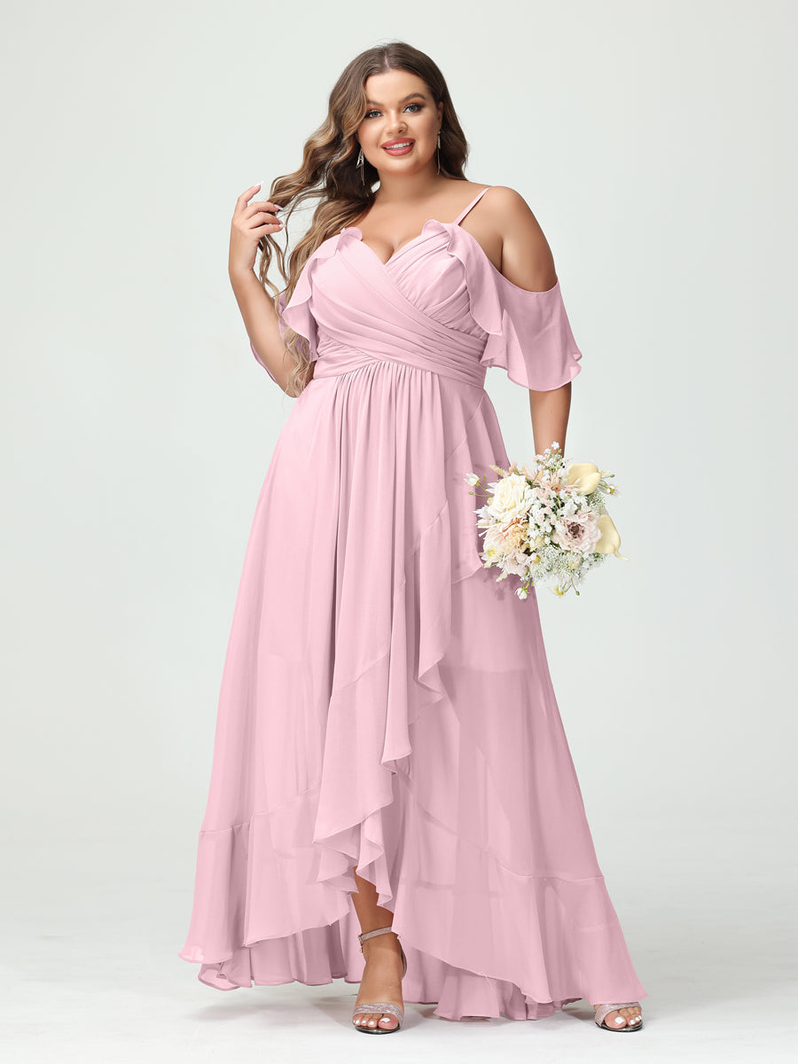 A-Line/Princess Spaghetti Straps V-Neck Short Sleeves Chiffon Ruffles Asymmetrical Plus Size Bridesmaid Dresses Pink