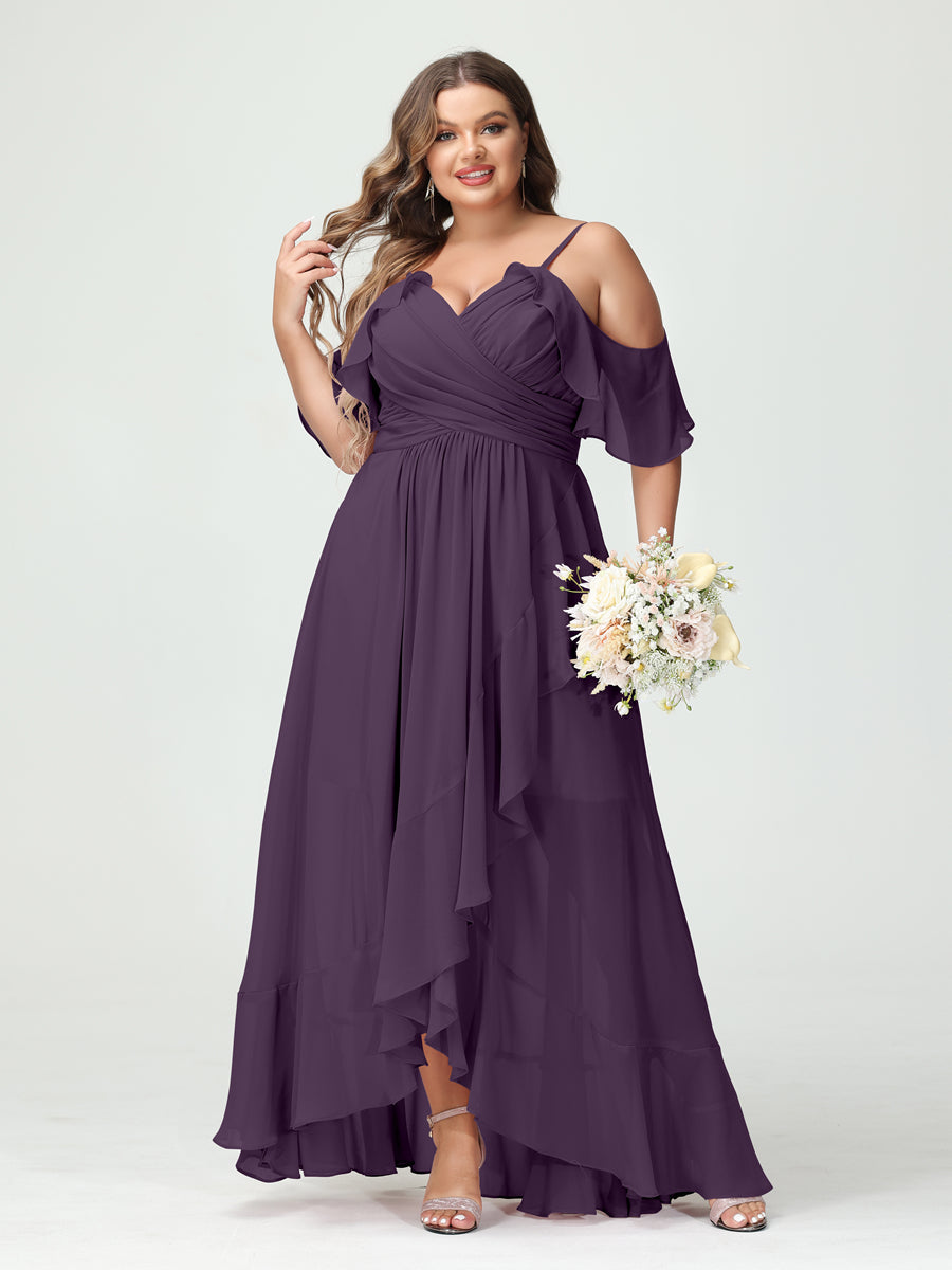 A-Line/Princess Spaghetti Straps V-Neck Short Sleeves Chiffon Ruffles Asymmetrical Plus Size Bridesmaid Dresses Plum