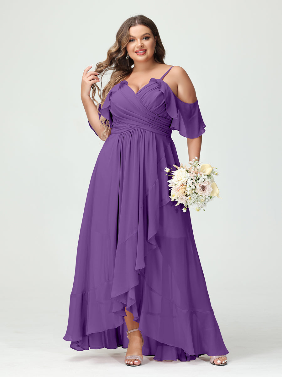 A-Line/Princess Spaghetti Straps V-Neck Short Sleeves Chiffon Ruffles Asymmetrical Plus Size Bridesmaid Dresses Purple