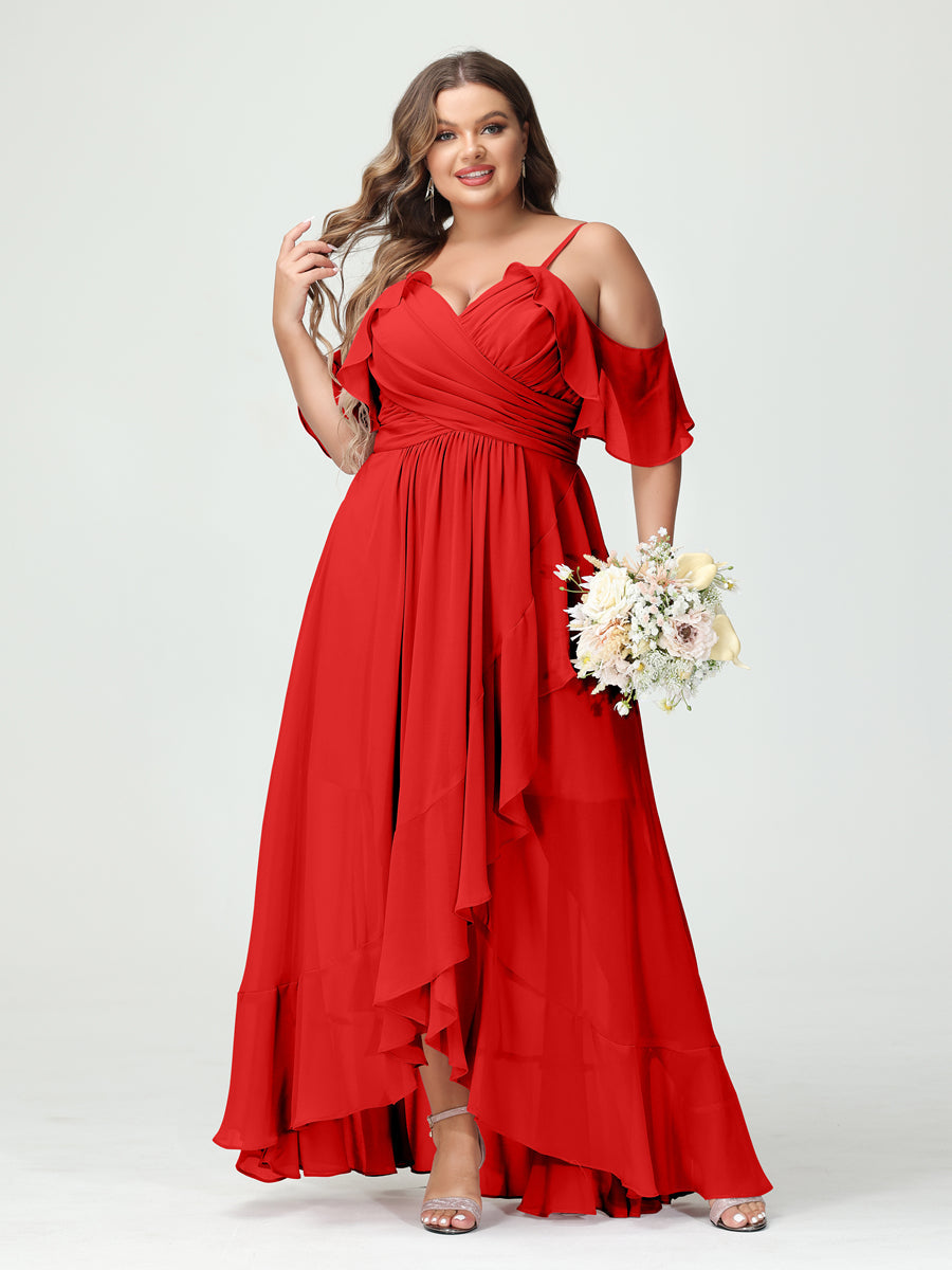 A-Line/Princess Spaghetti Straps V-Neck Short Sleeves Chiffon Ruffles Asymmetrical Plus Size Bridesmaid Dresses Red