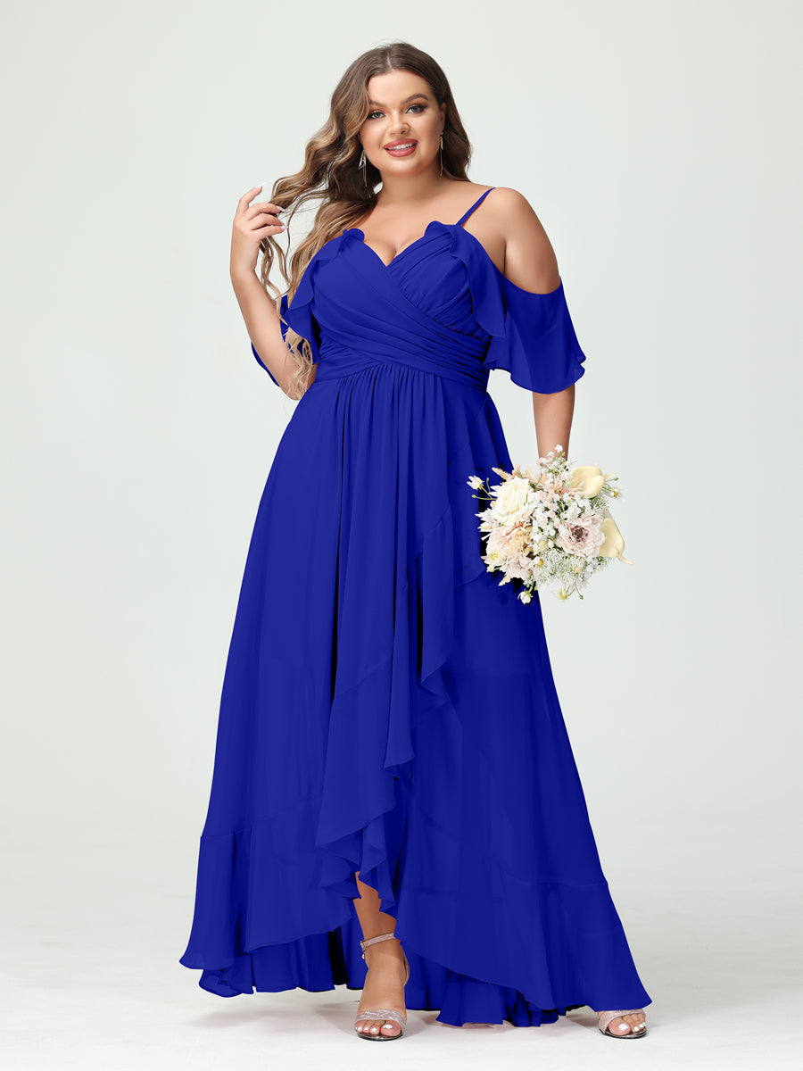 A-Line/Princess Spaghetti Straps V-Neck Short Sleeves Chiffon Ruffles Asymmetrical Plus Size Bridesmaid Dresses Royal Blue