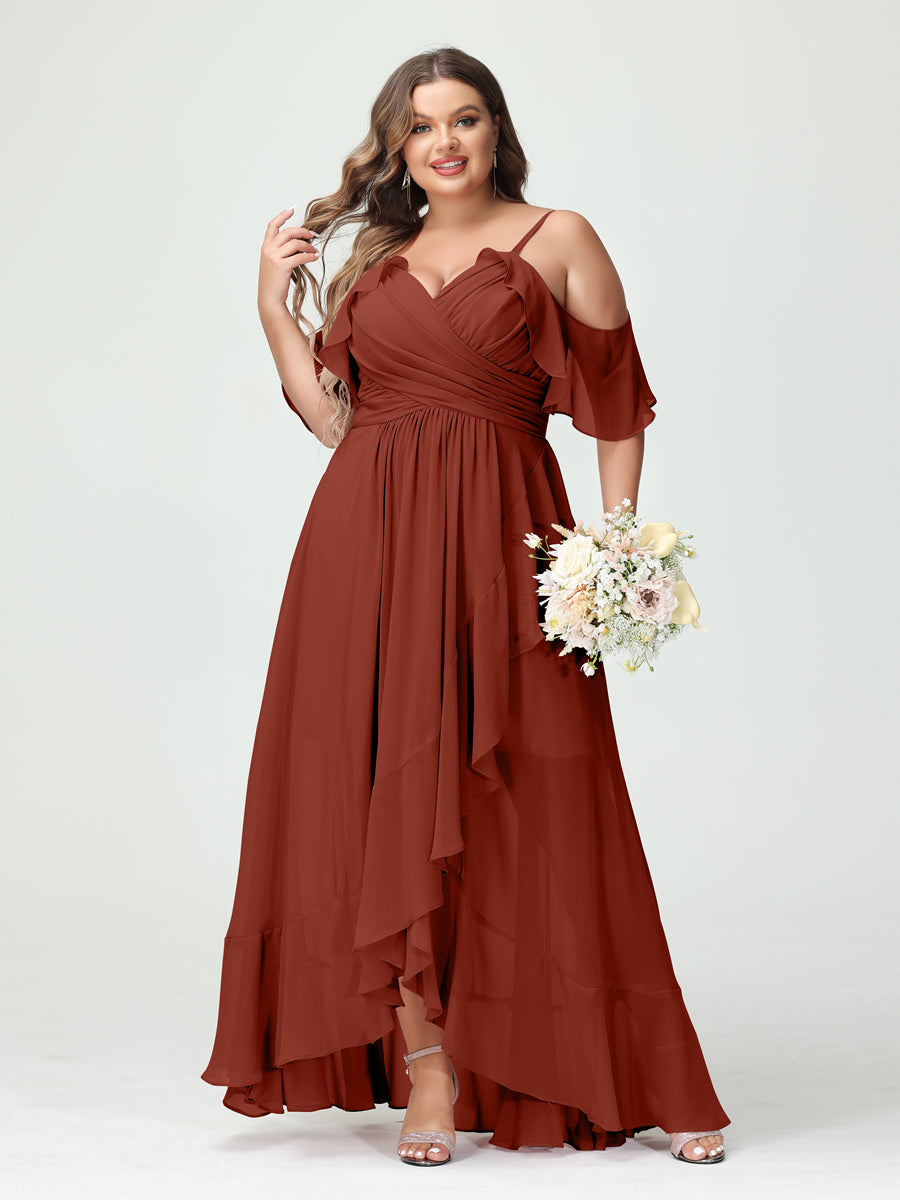 A-Line/Princess Spaghetti Straps V-Neck Short Sleeves Chiffon Ruffles Asymmetrical Plus Size Bridesmaid Dresses Rust