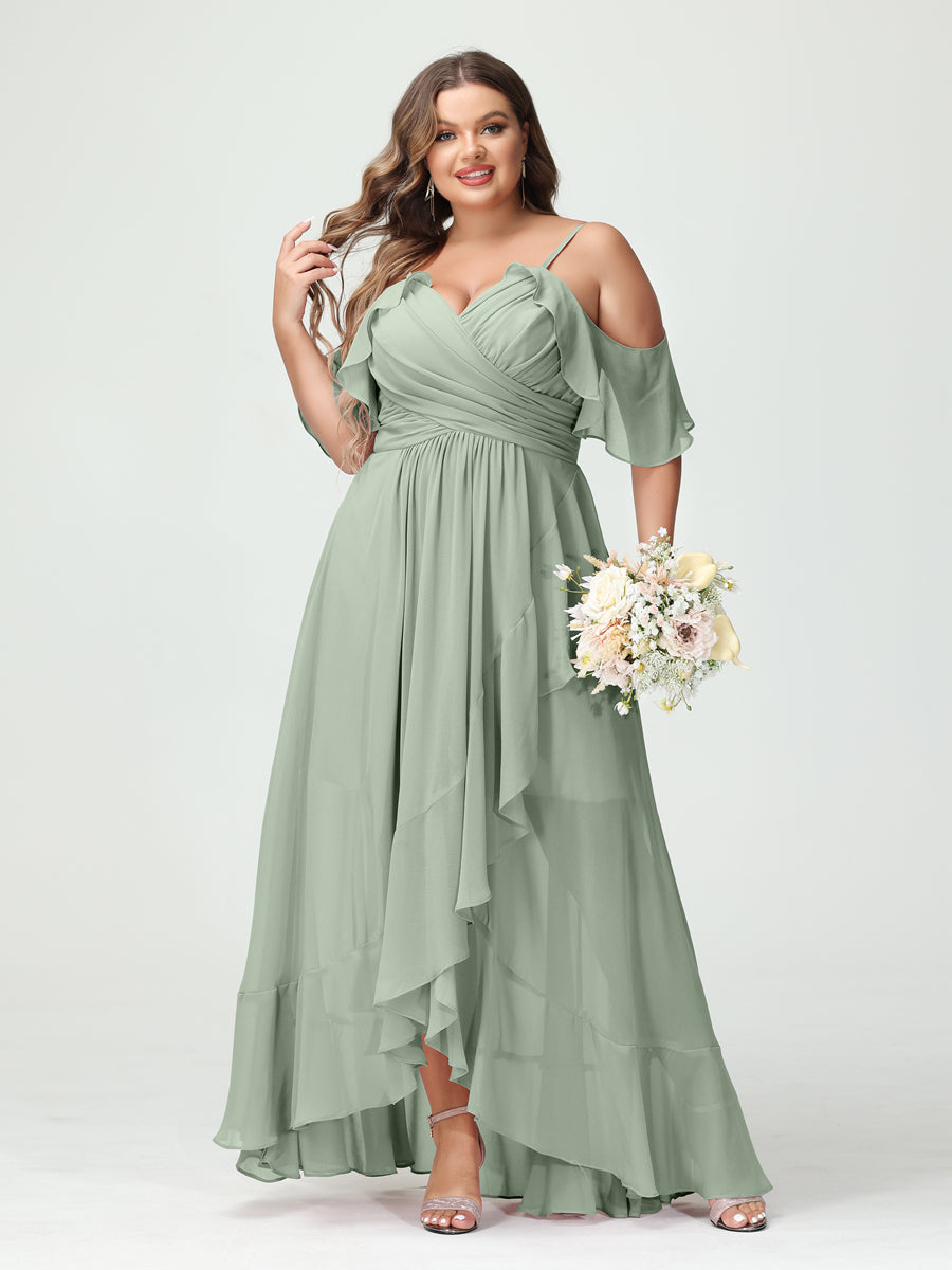 A-Line/Princess Spaghetti Straps V-Neck Short Sleeves Chiffon Ruffles Asymmetrical Plus Size Bridesmaid Dresses Sage