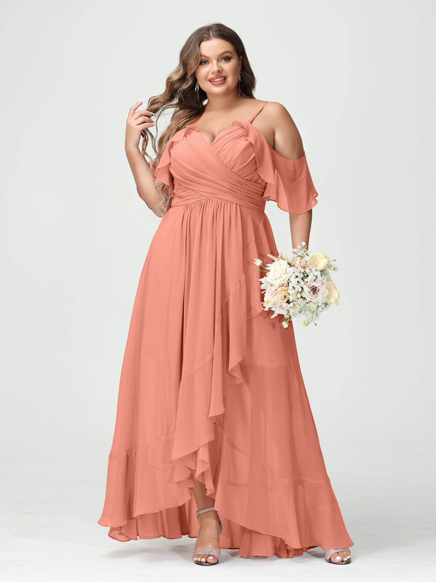 A-Line/Princess Spaghetti Straps V-Neck Short Sleeves Chiffon Ruffles Asymmetrical Plus Size Bridesmaid Dresses Salmon