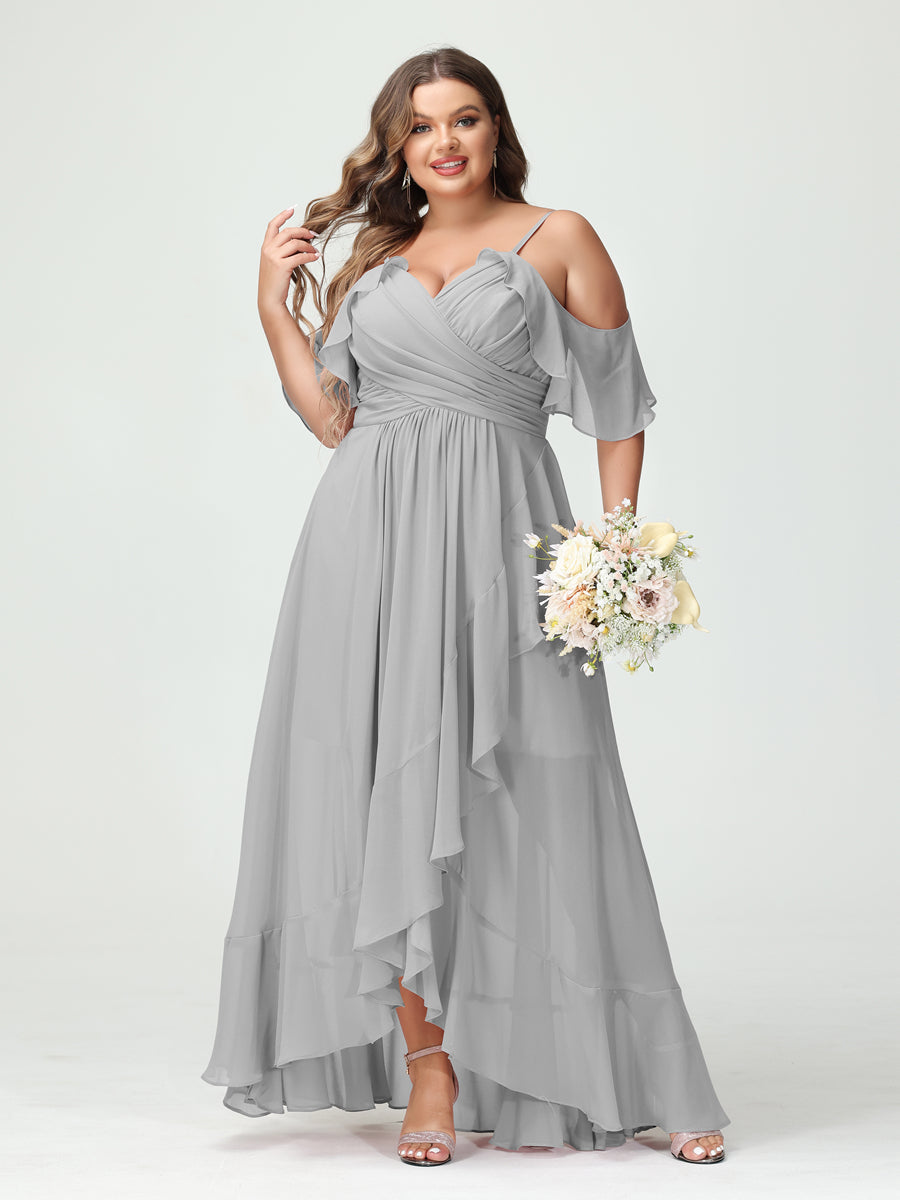 A-Line/Princess Spaghetti Straps V-Neck Short Sleeves Chiffon Ruffles Asymmetrical Plus Size Bridesmaid Dresses Silver