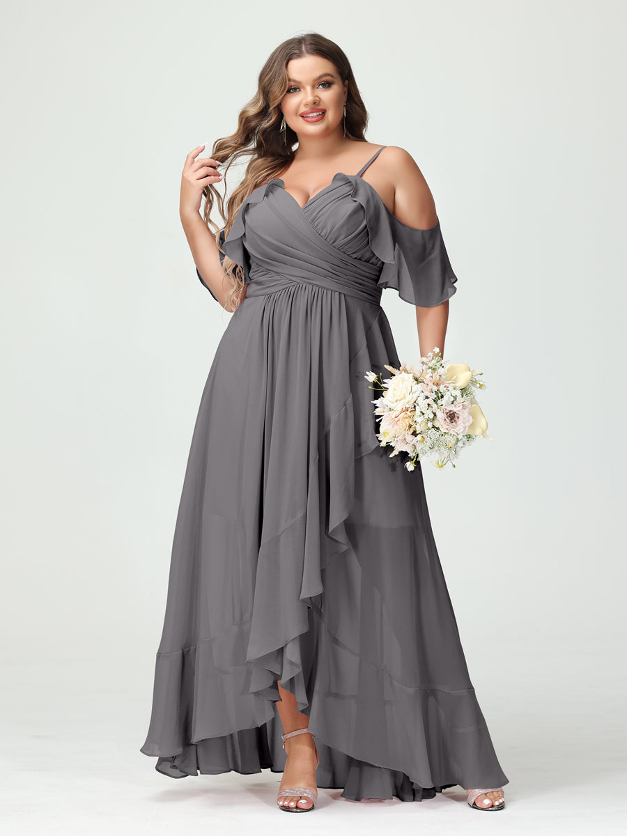 A-Line/Princess Spaghetti Straps V-Neck Short Sleeves Chiffon Ruffles Asymmetrical Plus Size Bridesmaid Dresses Silver Gray