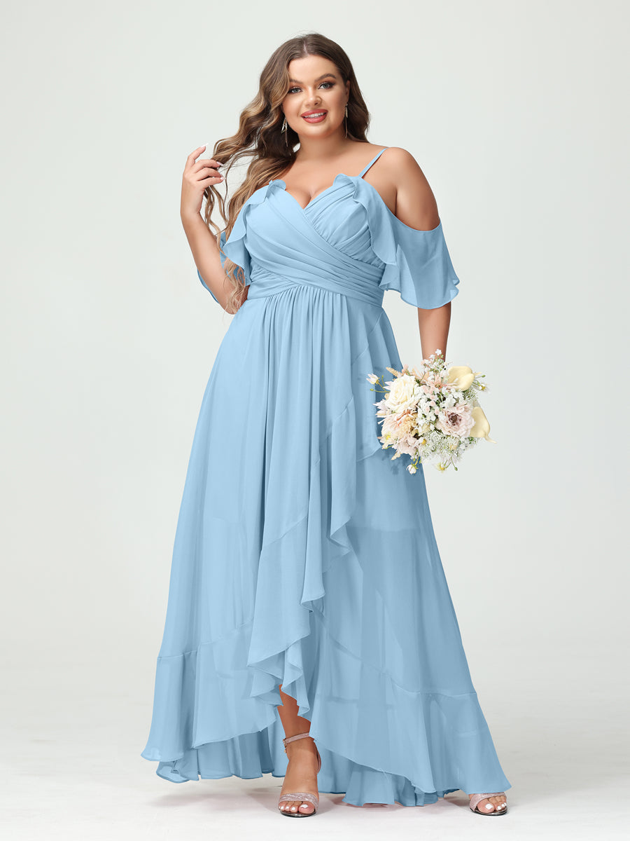 A-Line/Princess Spaghetti Straps V-Neck Short Sleeves Chiffon Ruffles Asymmetrical Plus Size Bridesmaid Dresses Sky Blue