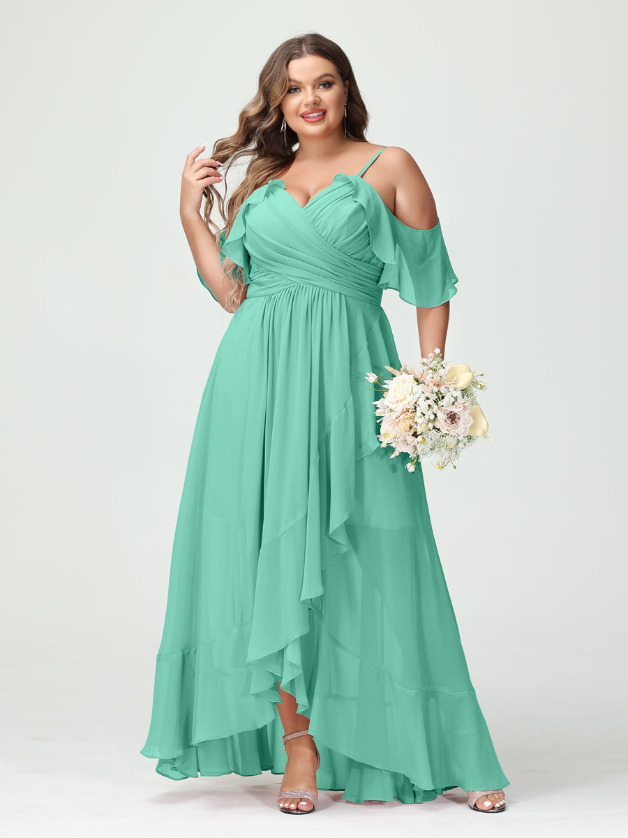 A-Line/Princess Spaghetti Straps V-Neck Short Sleeves Chiffon Ruffles Asymmetrical Plus Size Bridesmaid Dresses Spa