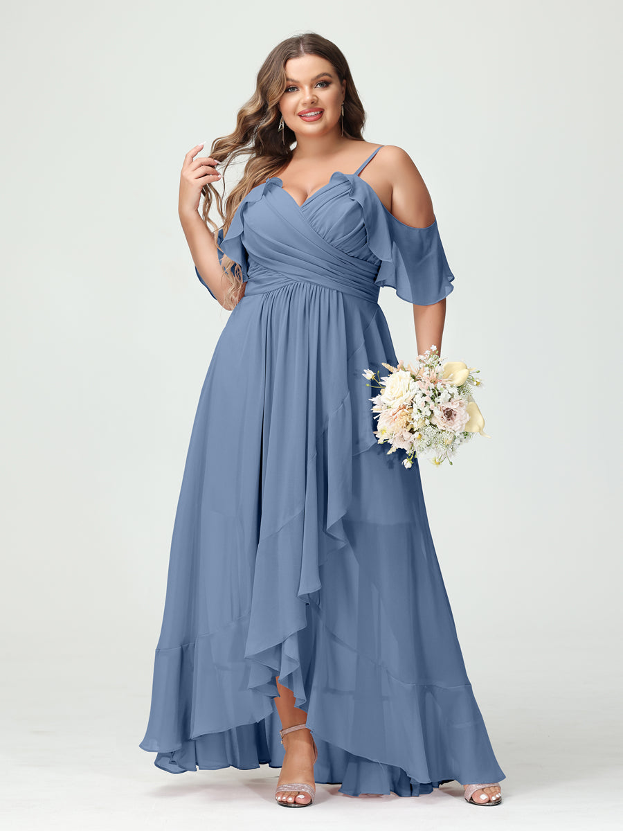 A-Line/Princess Spaghetti Straps V-Neck Short Sleeves Chiffon Ruffles Asymmetrical Plus Size Bridesmaid Dresses Steel Blue
