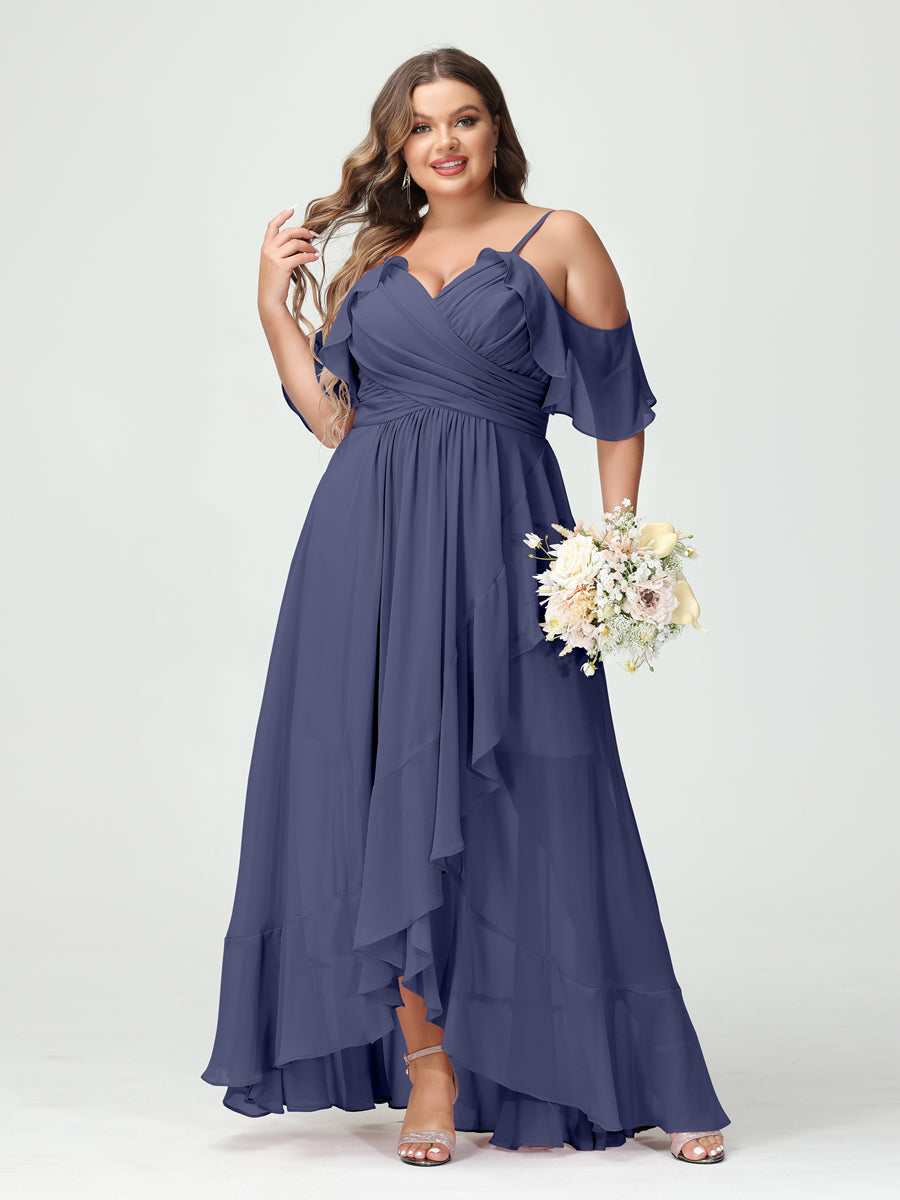 A-Line/Princess Spaghetti Straps V-Neck Short Sleeves Chiffon Ruffles Asymmetrical Plus Size Bridesmaid Dresses Stormy Blue