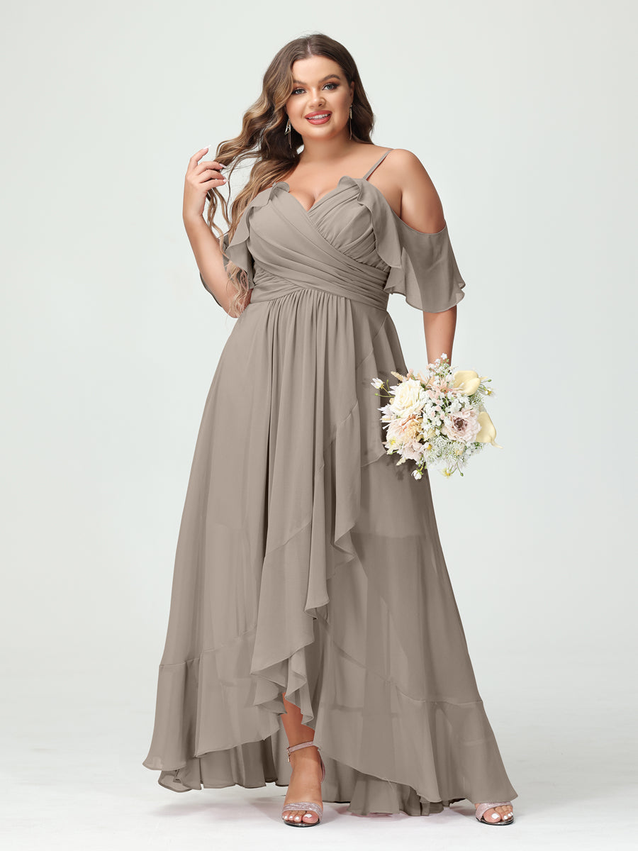 A-Line/Princess Spaghetti Straps V-Neck Short Sleeves Chiffon Ruffles Asymmetrical Plus Size Bridesmaid Dresses Taupe