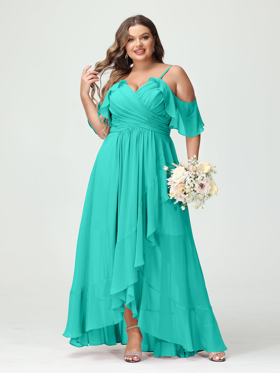 A-Line/Princess Spaghetti Straps V-Neck Short Sleeves Chiffon Ruffles Asymmetrical Plus Size Bridesmaid Dresses Turquoise