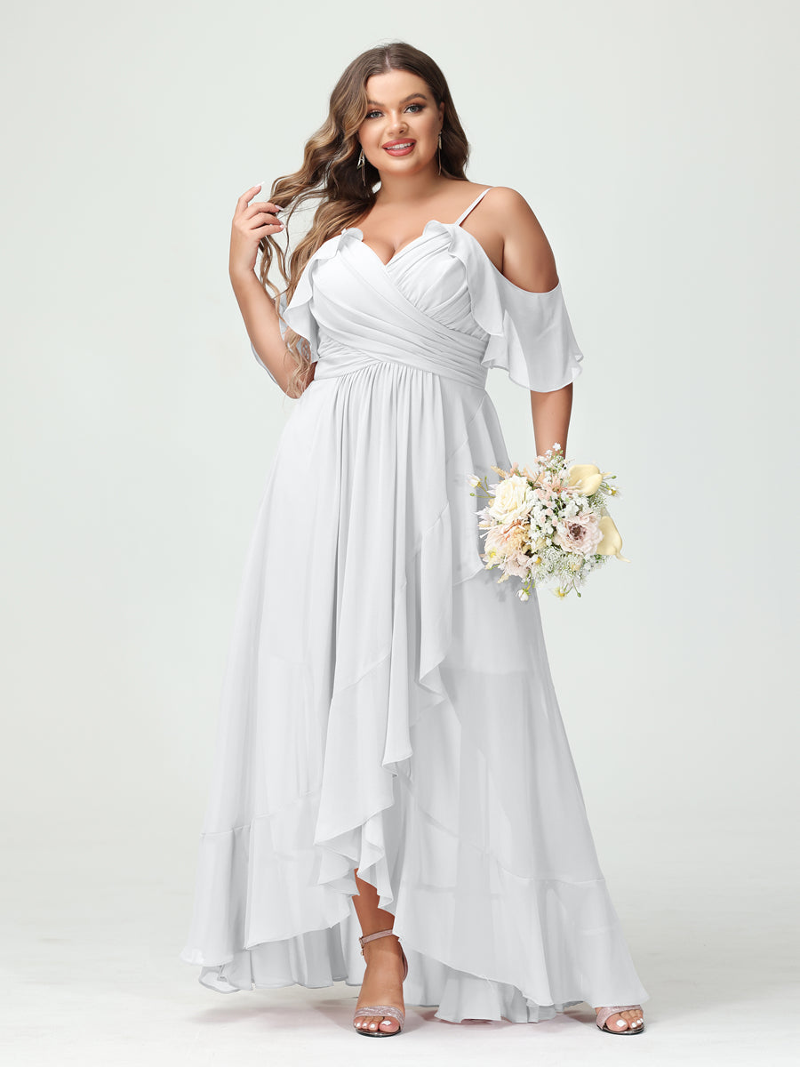 A-Line/Princess Spaghetti Straps V-Neck Short Sleeves Chiffon Ruffles Asymmetrical Plus Size Bridesmaid Dresses White