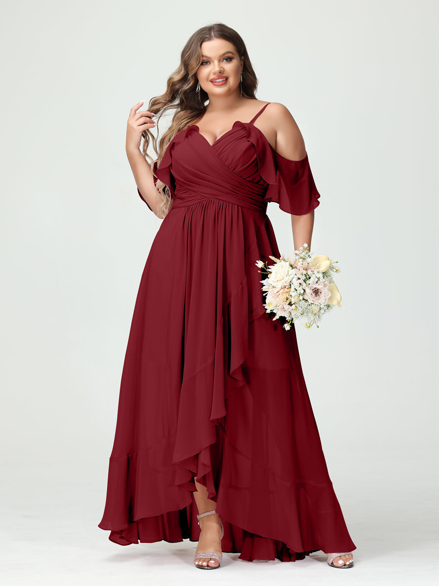 A-Line/Princess Spaghetti Straps V-Neck Short Sleeves Chiffon Ruffles Asymmetrical Plus Size Bridesmaid Dresses Wine Red