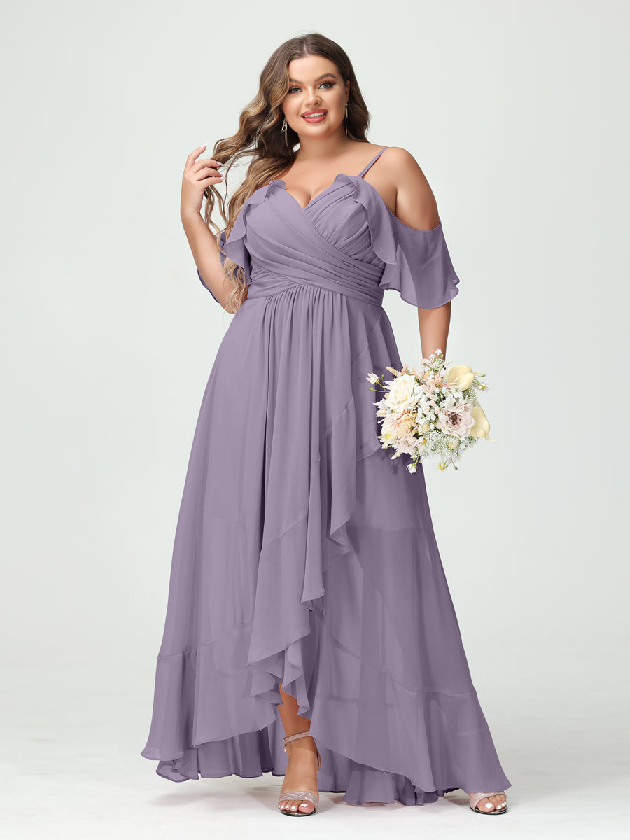 A-Line/Princess Spaghetti Straps V-Neck Short Sleeves Chiffon Ruffles Asymmetrical Plus Size Bridesmaid Dresses Wisteria