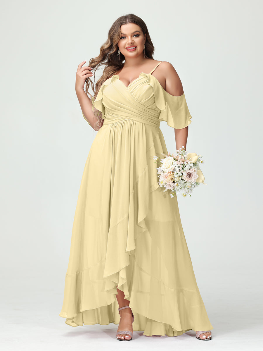 A-Line/Princess Spaghetti Straps V-Neck Short Sleeves Chiffon Ruffles Asymmetrical Plus Size Bridesmaid Dresses Yellow