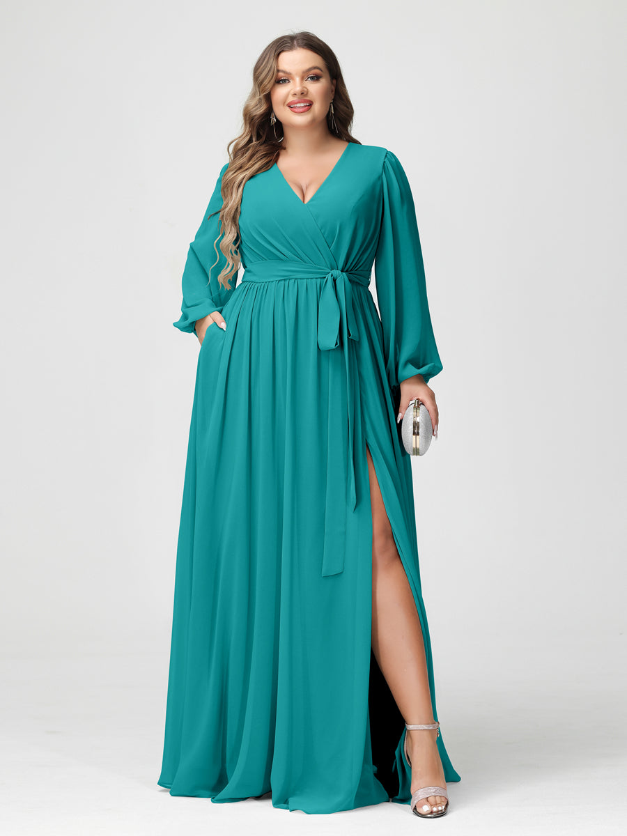 A-Line/Princess V-Neck Long Sleeves Chiffon Plus Size Bridesmaid Dresses with Pockets Aqua Blue