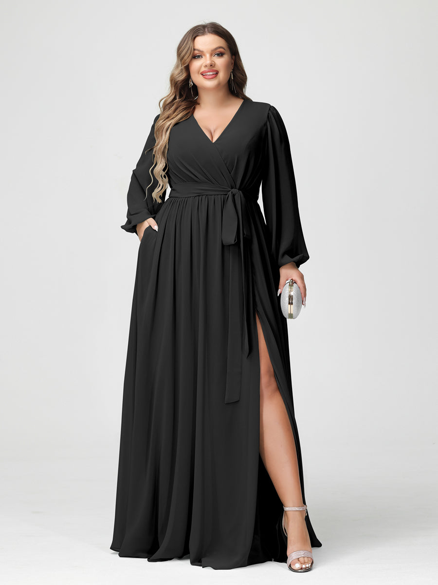 A-Line/Princess V-Neck Long Sleeves Chiffon Plus Size Bridesmaid Dresses with Pockets Black