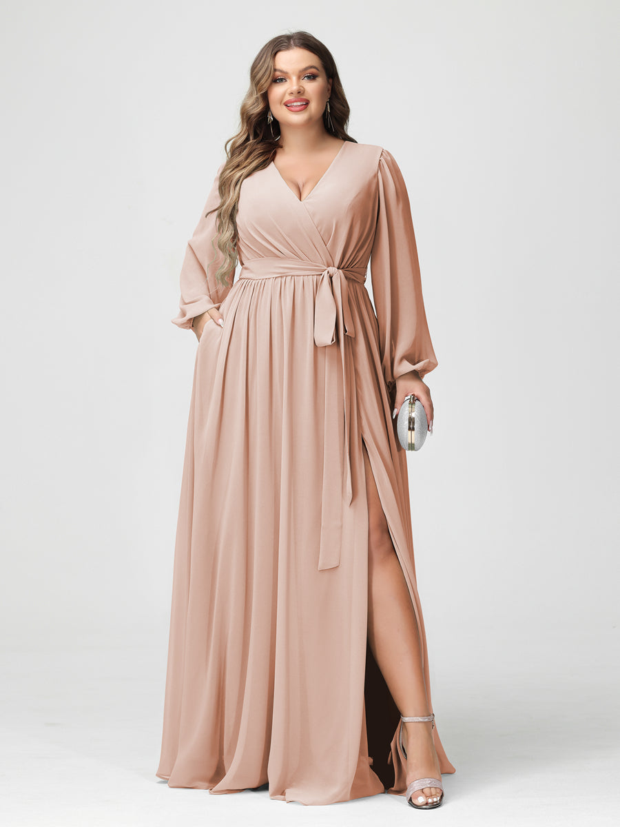 A-Line/Princess V-Neck Long Sleeves Chiffon Plus Size Bridesmaid Dresses with Pockets Blush Pink