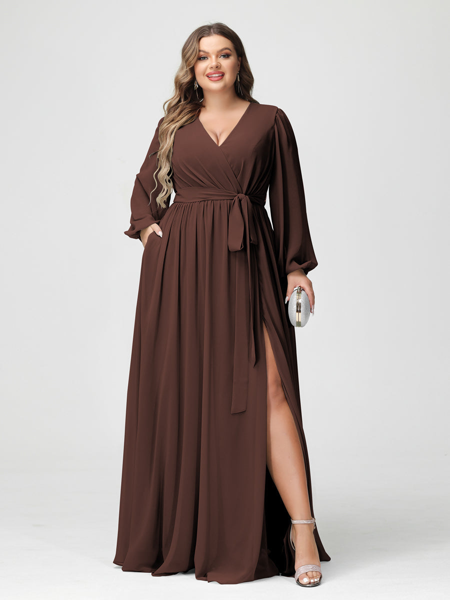 A-Line/Princess V-Neck Long Sleeves Chiffon Plus Size Bridesmaid Dresses with Pockets Brown