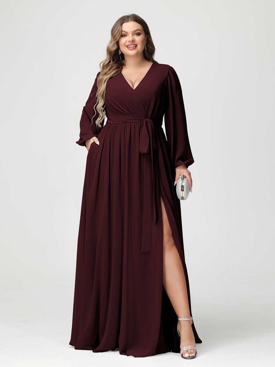 A-Line/Princess V-Neck Long Sleeves Chiffon Plus Size Bridesmaid Dresses with Pockets Burgundy